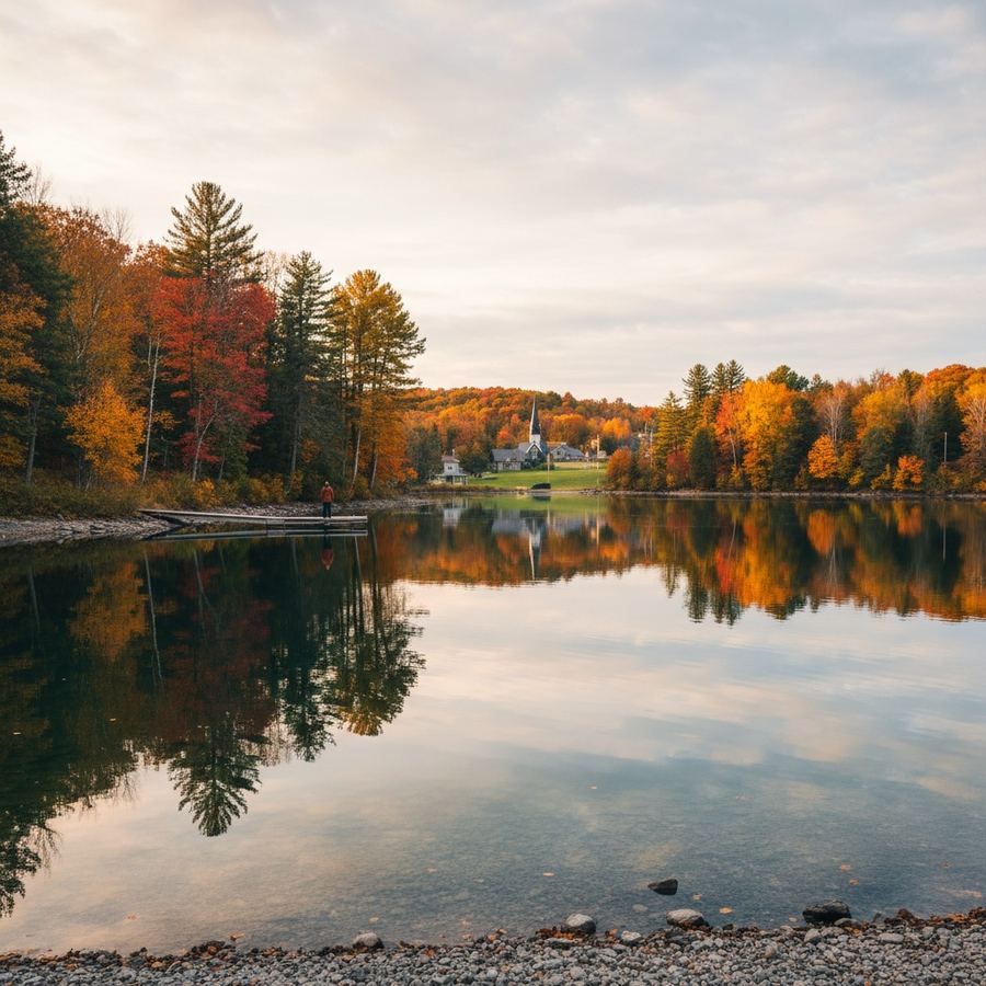 Lake reflecting autumn trees in red and gold along the shore