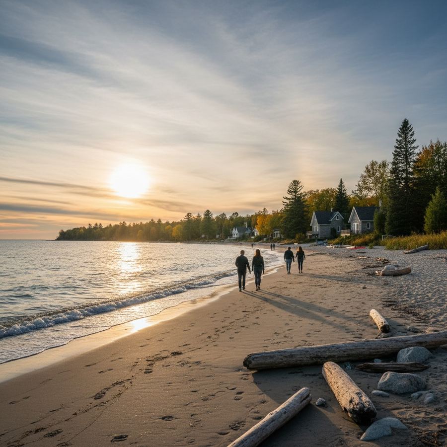 Sunset over a Lake Huron beach town with people walking along the water