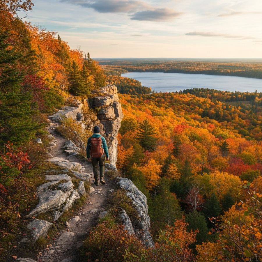 Hiker on the Bruce Trail along the Niagara Escarpment with autumn forest views
