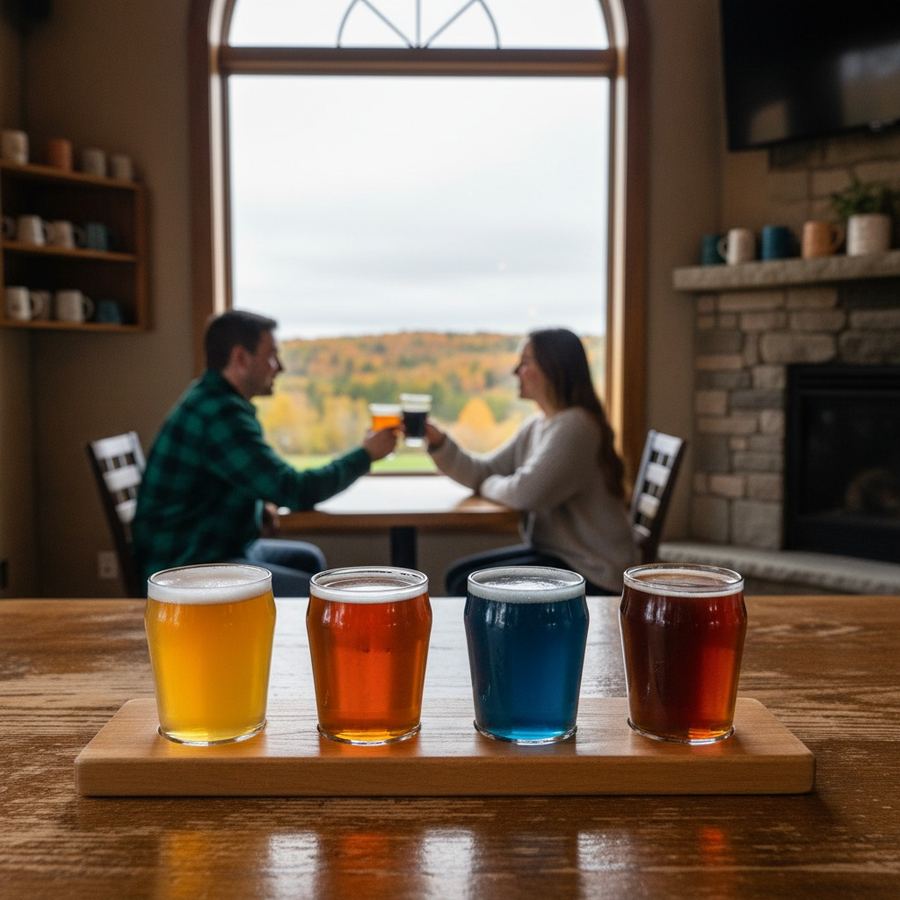 A flight of four craft beers on a wooden paddle at a Southern Ontario taproom