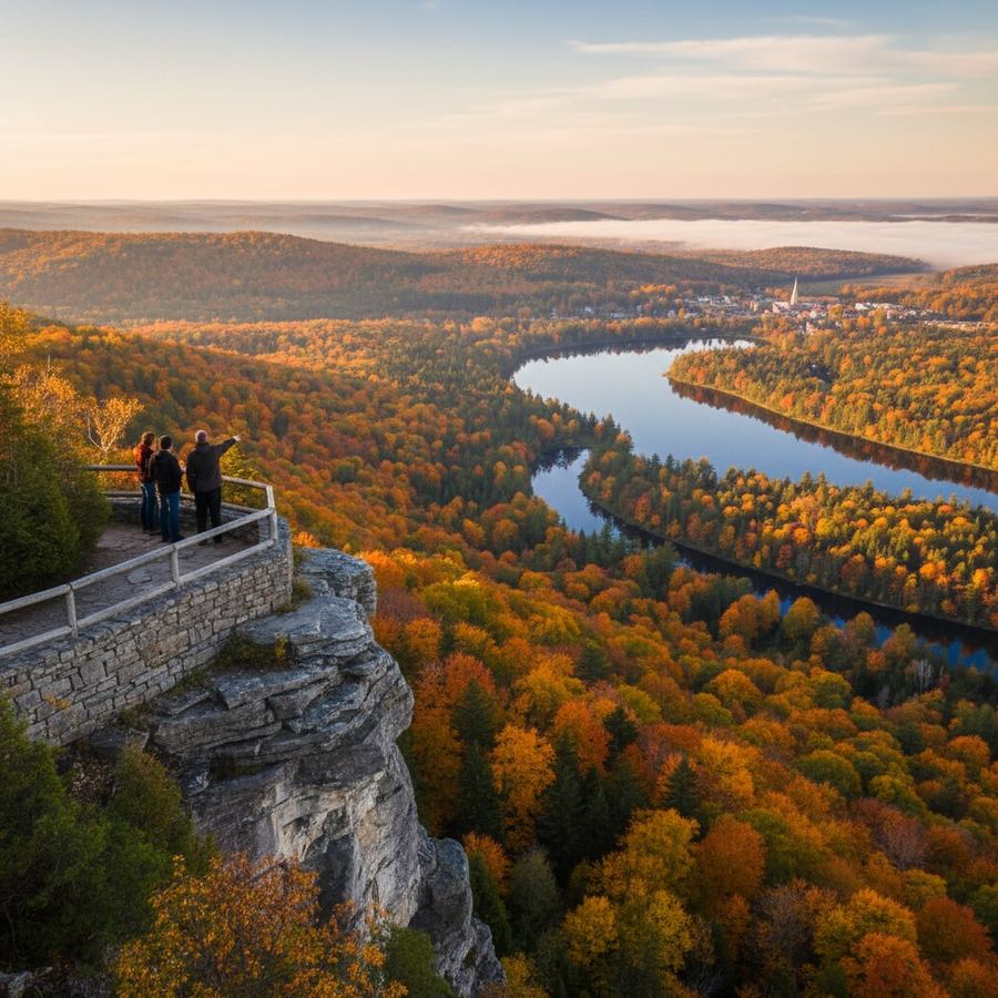 Lookout point over forested escarpment valley in fall colours