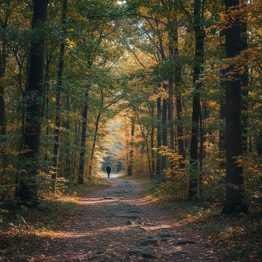 Forest trail in Southern Ontario with dappled light through hardwood trees