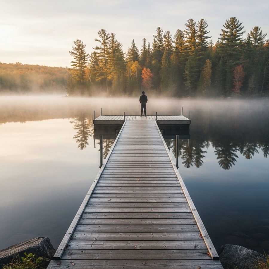 Wooden dock and canoe on a Muskoka lake in early morning