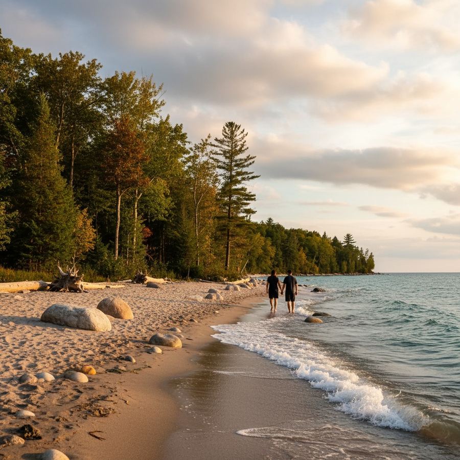 Sandy shoreline along Lake Huron on a summer afternoon