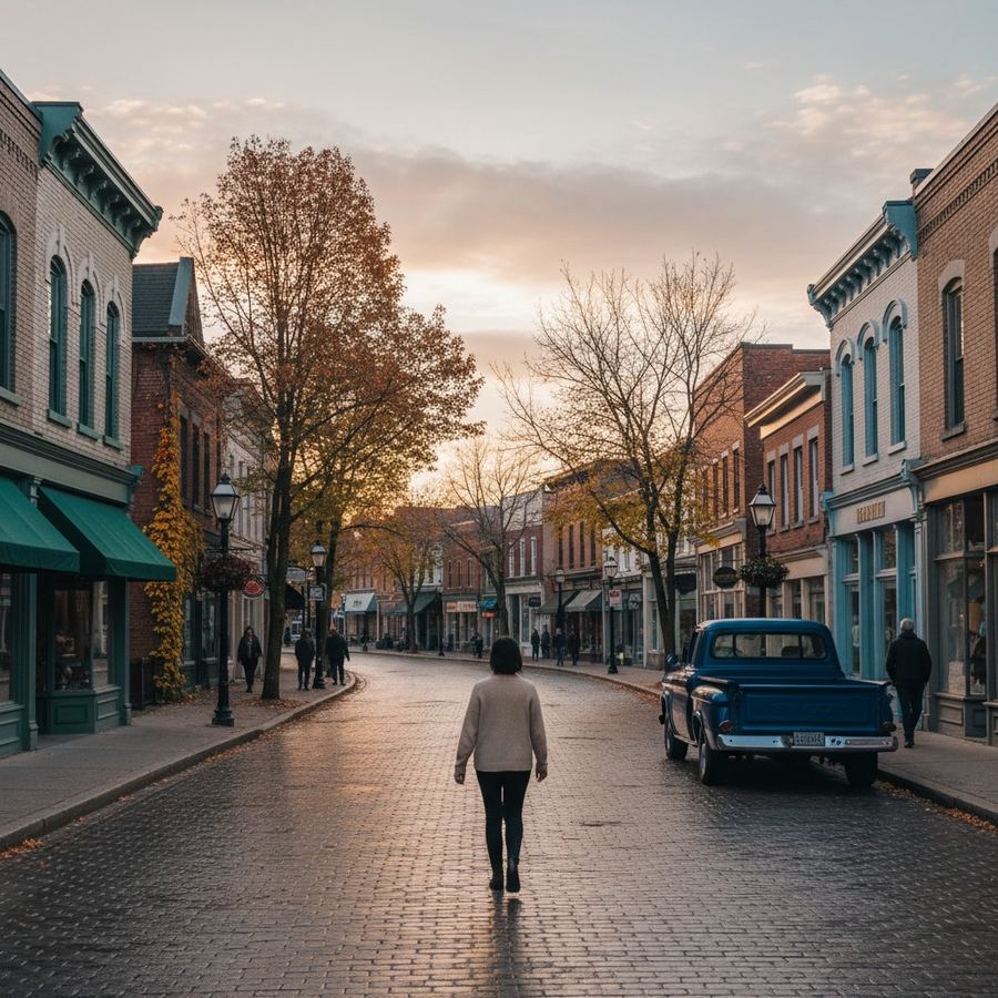 Historic main street with brick storefronts in a small Ontario town