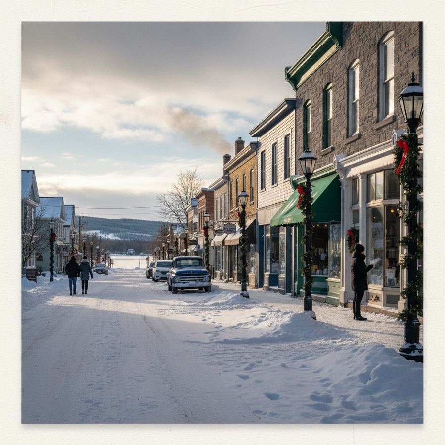 Historic main street in a small Ontario town with brick storefronts