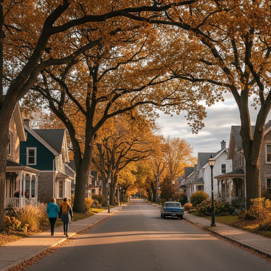 Quiet residential street with mature trees in a small Ontario town