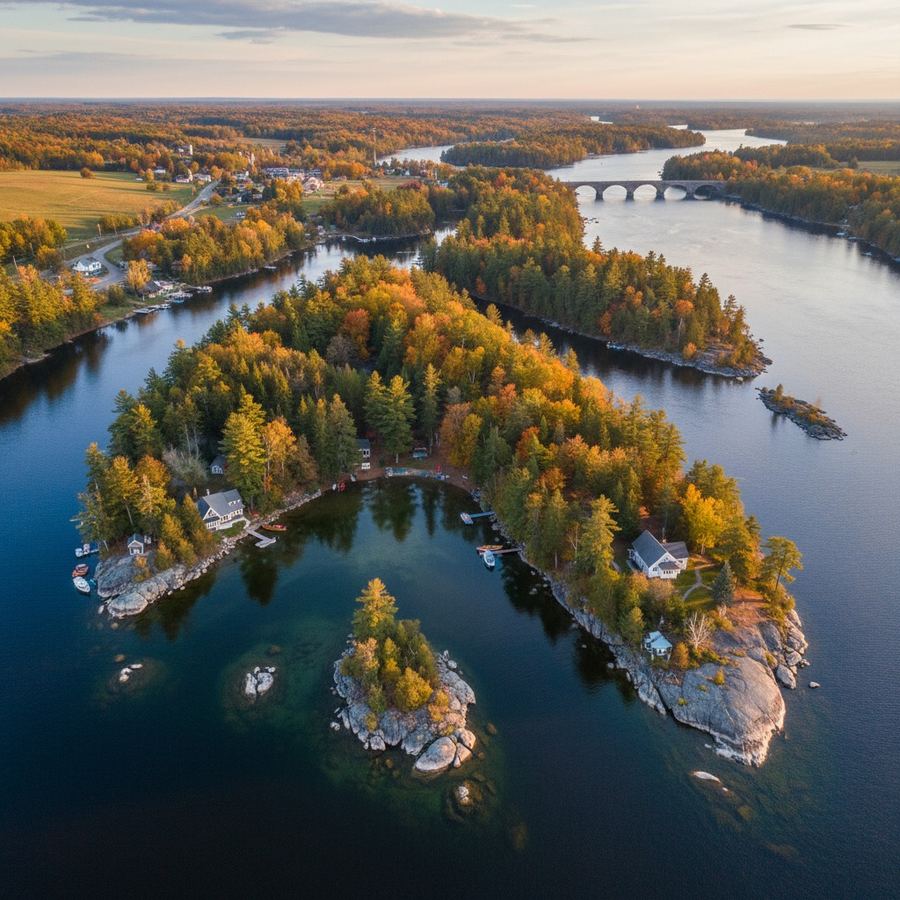Aerial view of forested islands in the St. Lawrence River at the 1000 Islands